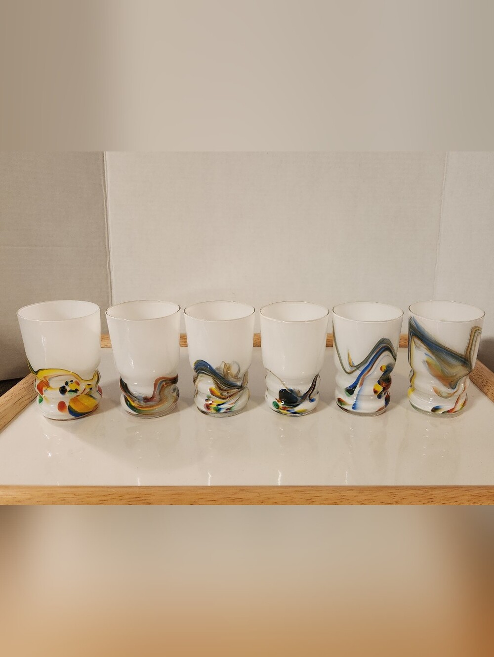 Vintage MCM Cased Glass Tumblers Set of 6 White Rainbow Swirl Dalian 4.3”